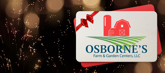 A festive gift card design featuring the Osborne's Farm & Garden Centers, LLC logo, which includes a red barn, silo, and green field rows. The card is adorned with a red ribbon and bow in the top-left corner, against a background of golden lights and sparkling effects, creating a celebratory atmosphere.