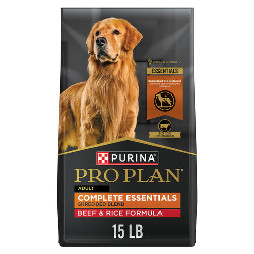 Purina Pro Plan Adult Complete Essentials Shredded Blend Beef & Rice with Probiotics Dry Dog Food