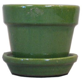 Planter With Saucer, Grass Green Clay, 4-3/8 x 4-In.