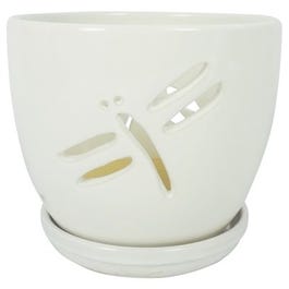 Dragonfly Orchid Pot With Attached Saucer, Clay, Assorted Colors, 5.5 x 5.25-In.