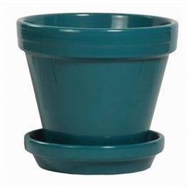 Clay Planter Pot With Attached Saucer, Petrol, 6 x 5.25-In.